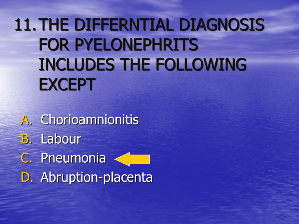 THE DIFFERNTIAL DIAGNOSIS FOR PYELONEPHRITS INCLUDES THE FOLLOWING EXCEPT Chorioamnionitis Labour Pneumonia Abruption-placenta